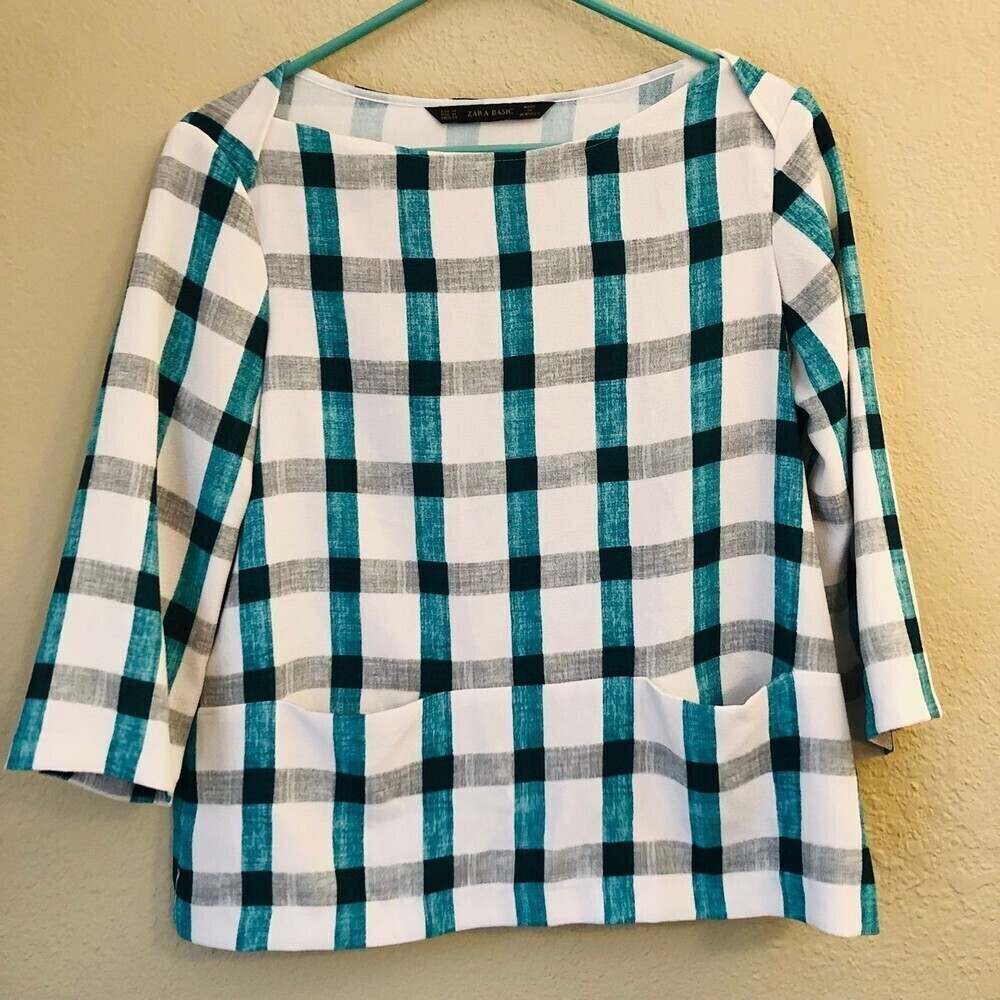 Zara Teal GrayWhite Pocket Top Coastal European Beachy